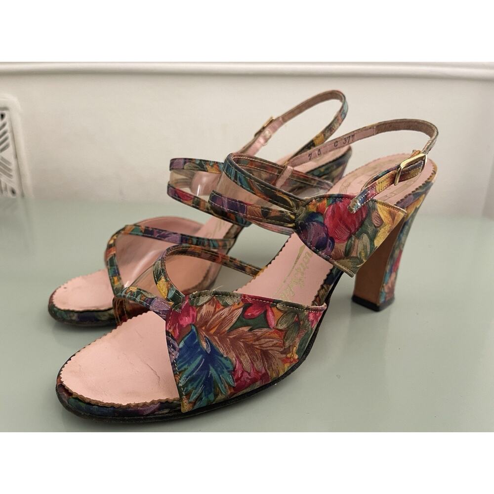 VTG 1950s Amano Floral Block Sandal Heels Sz 5 Beach Pool Summer Open Toe Fabric